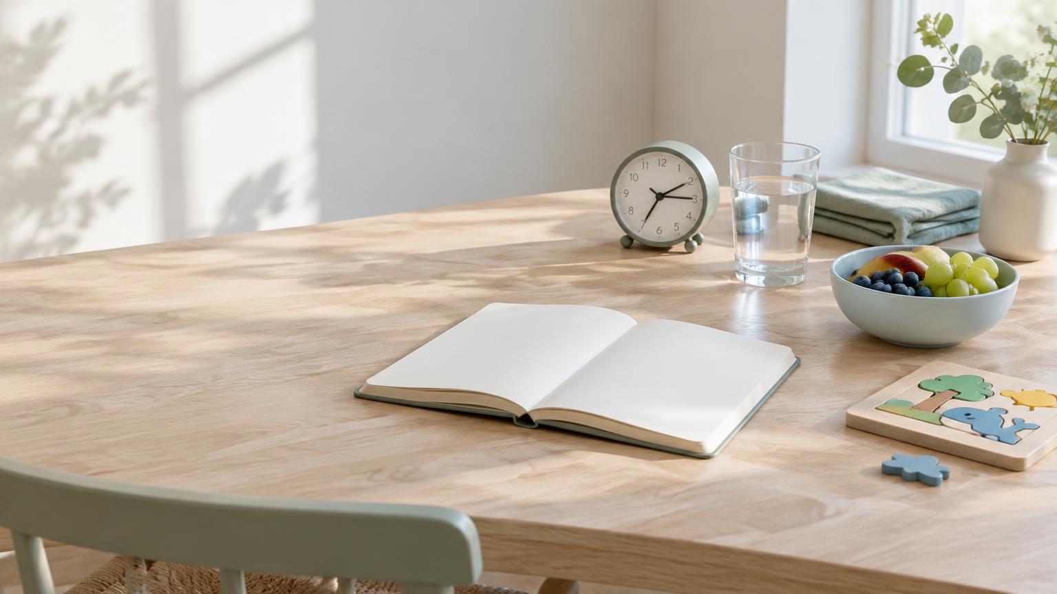 Illustrative morning table with a blank notebook, clock, water and wooden puzzle for the fictional worked example